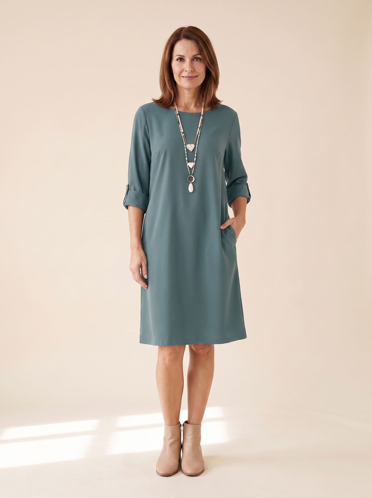 Isaline | Robe Midi Fluide à Manches 3/4 - Bleu canard