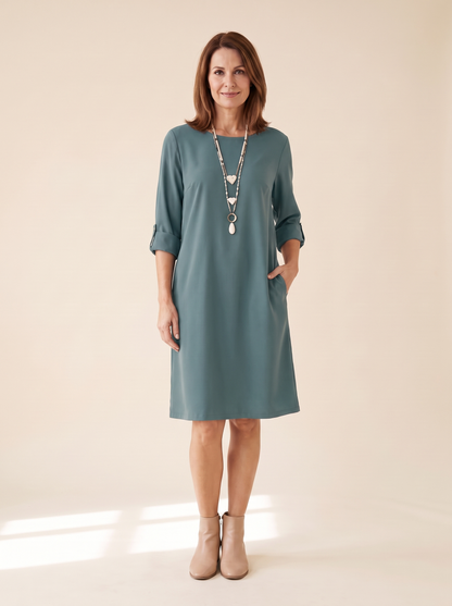 Isaline | Robe Midi Fluide à Manches 3/4 - Bleu canard