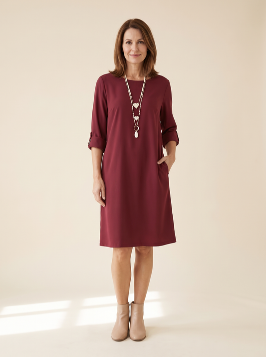 Isaline | Robe Midi Fluide à Manches 3/4 - Bordeaux