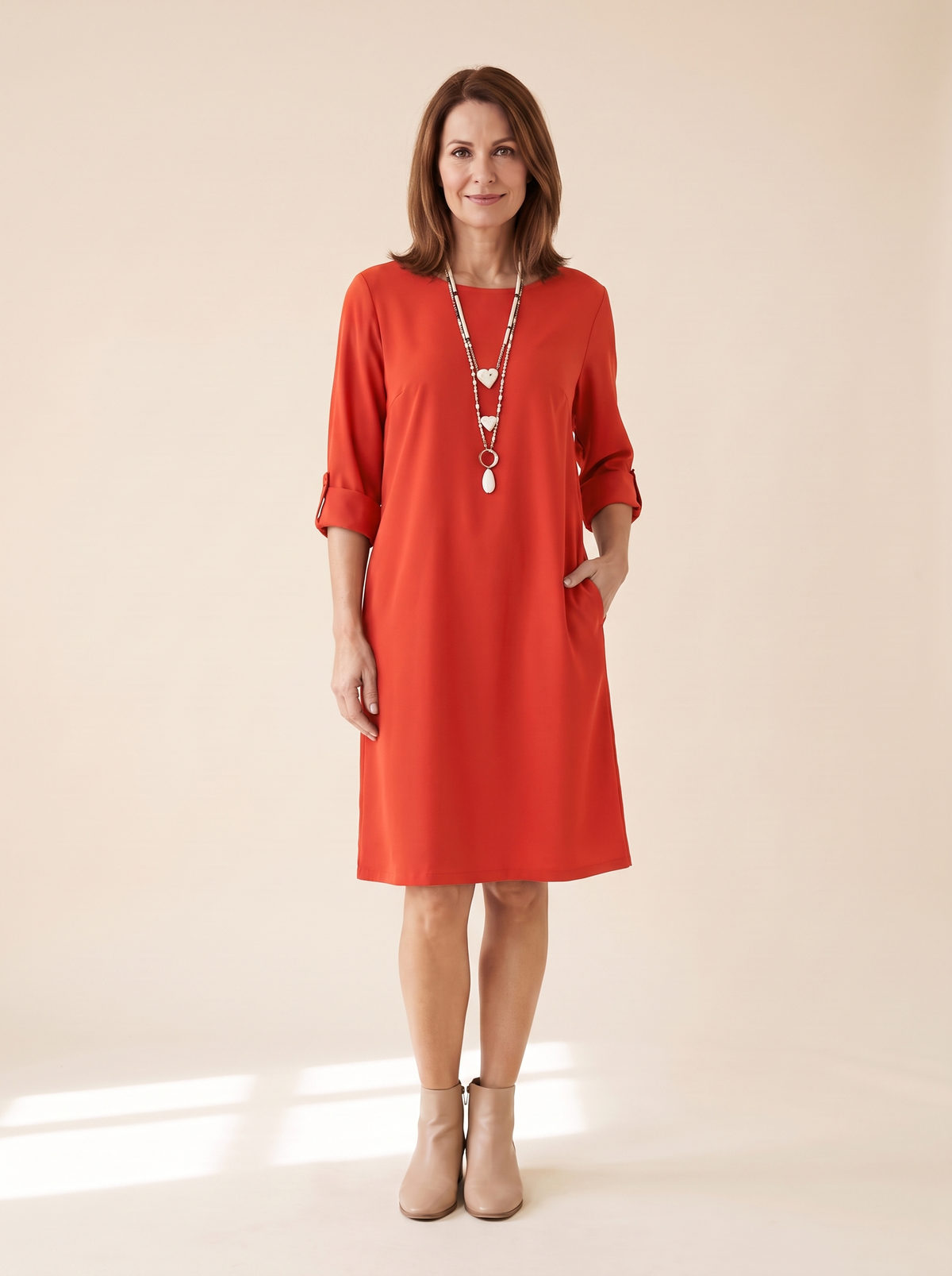 Isaline | Robe Midi Fluide à Manches 3/4 - Corail