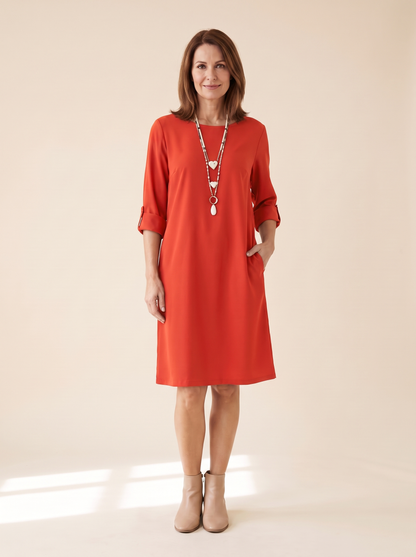 Isaline | Robe Midi Fluide à Manches 3/4 - Corail
