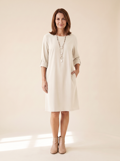 Isaline | Robe Midi Fluide à Manches 3/4 - Ivoire