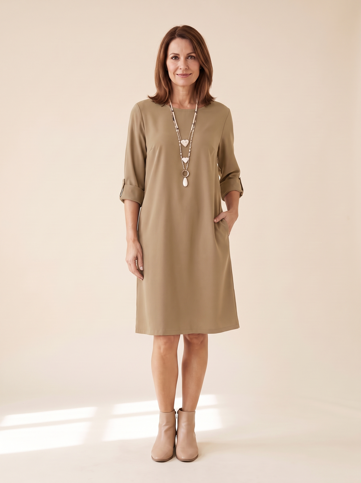 Isaline | Robe Midi Fluide à Manches 3/4 - Kaki