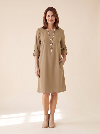 Isaline | Robe Midi Fluide à Manches 3/4 - Kaki