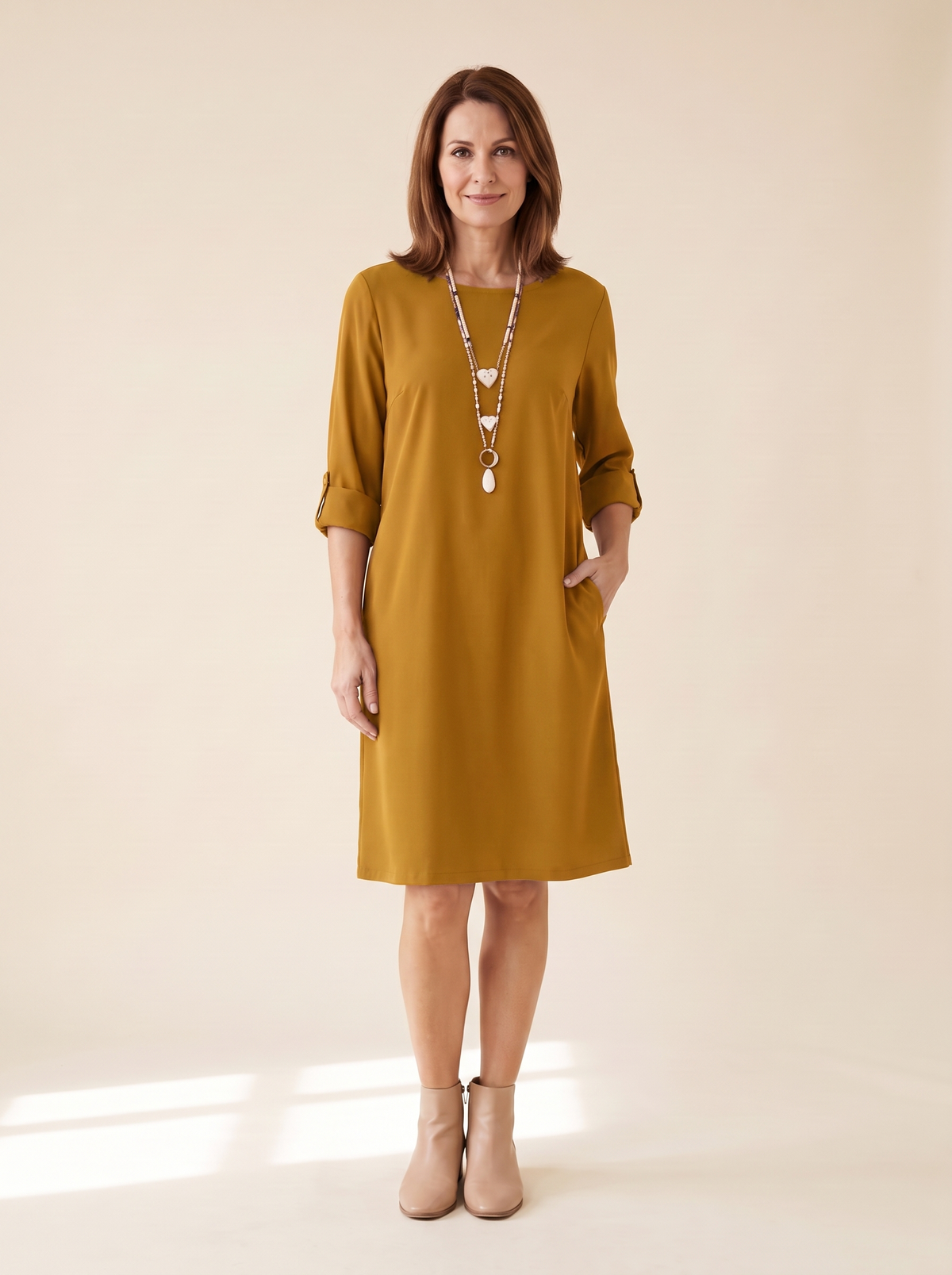 Isaline | Robe Midi Fluide à Manches 3/4 - Moutarde