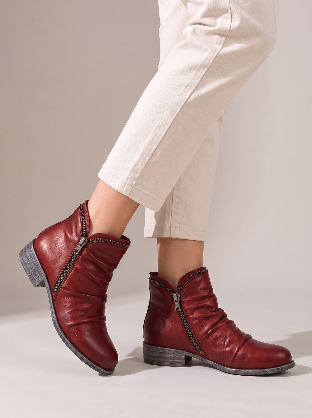 Jacinthe | Bottines Plissées à Zip Effet Cuir - Bordeaux