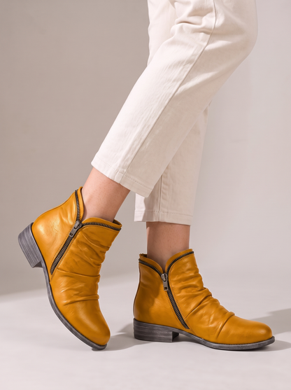 Jacinthe | Bottines Plissées à Zip Effet Cuir - Moutarde