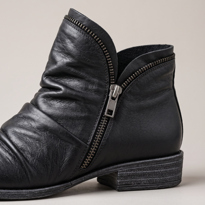 Jacinthe | Bottines Plissées à Zip Effet Cuir - Noir, détail du zip