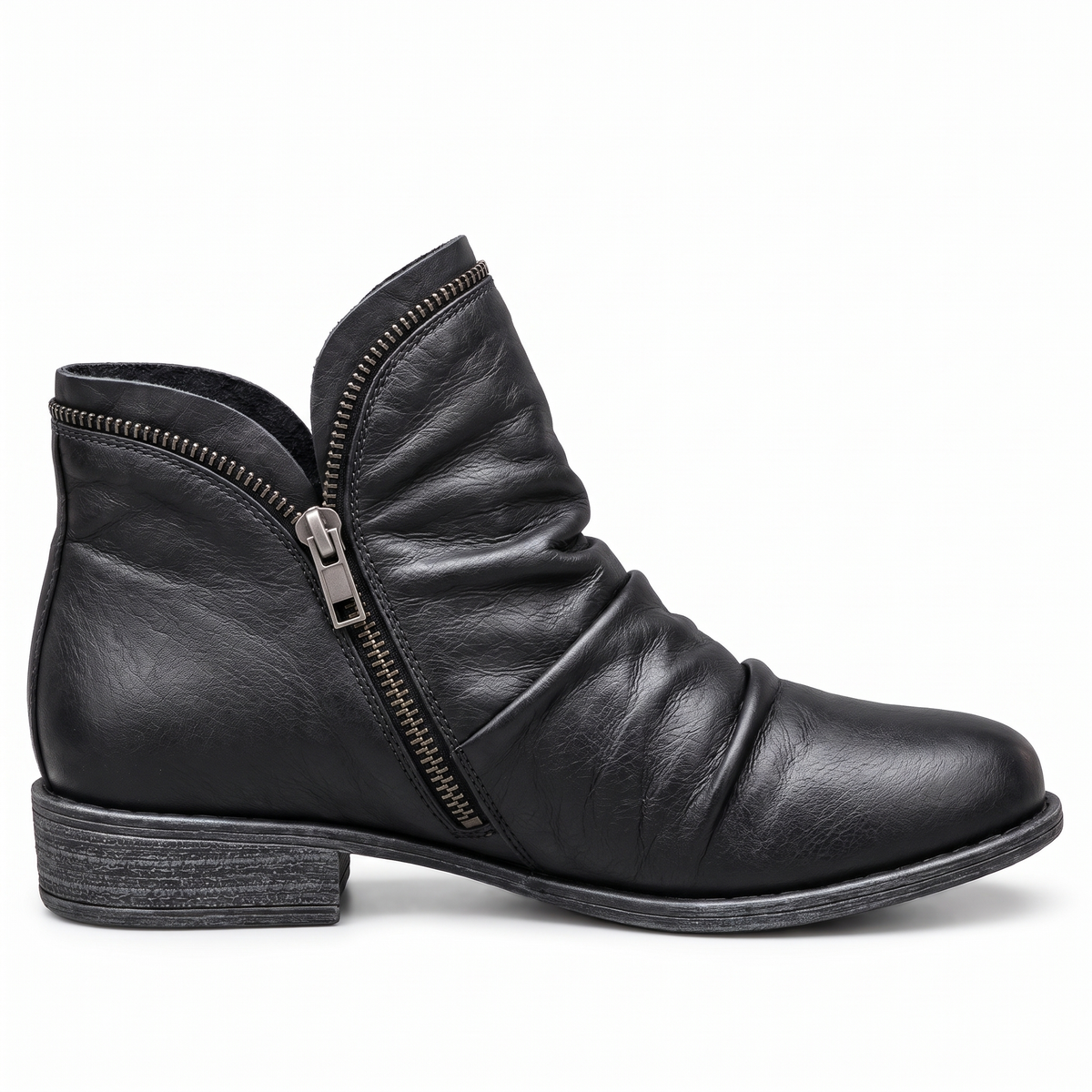 Jacinthe | Bottines Plissées à Zip Effet Cuir - Noir, de profil