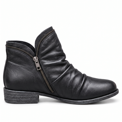 Jacinthe | Bottines Plissées à Zip Effet Cuir - Noir, de profil
