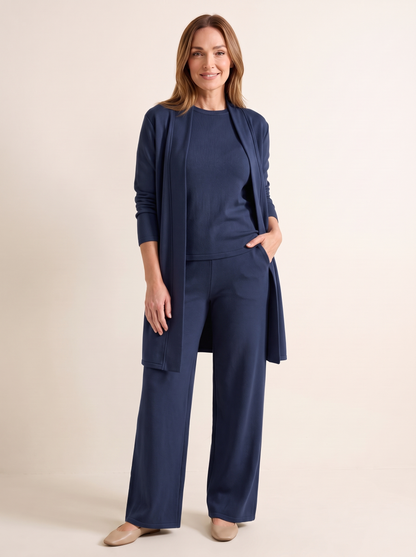 Lucienne | Ensemble 3 Pièces Cardigan Long, Haut et Pantalon Large - Bleu marine