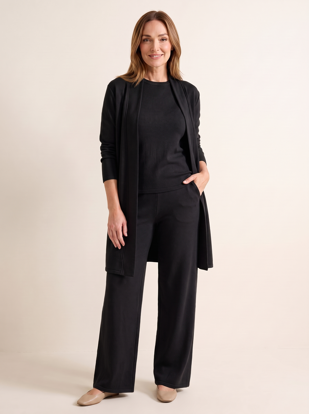 Lucienne | Ensemble 3 Pièces Cardigan Long, Haut et Pantalon Large - Noir
