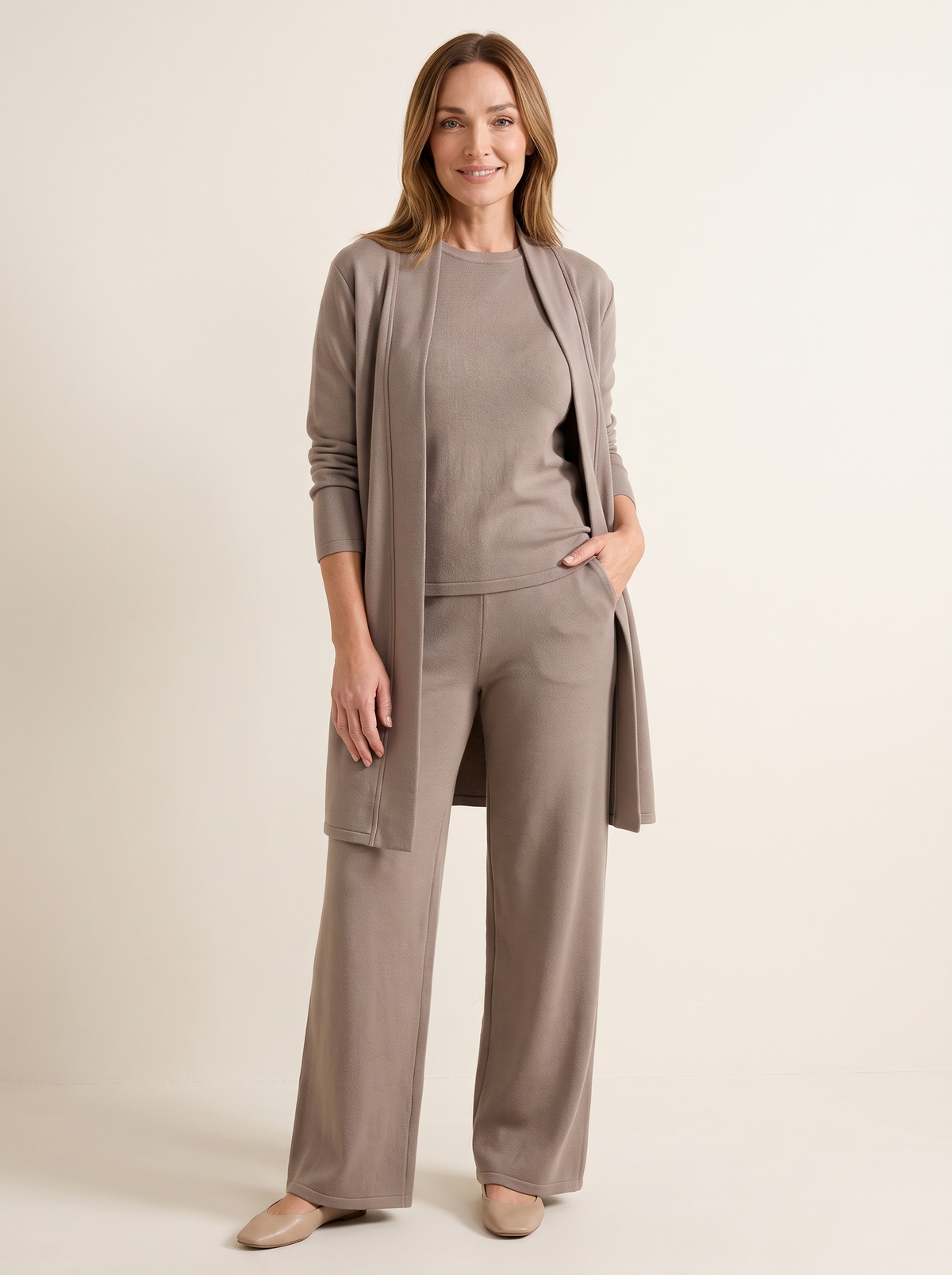 Lucienne | Ensemble 3 Pièces Cardigan Long, Haut et Pantalon Large - Taupe
