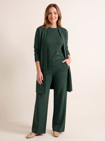Lucienne | Ensemble 3 Pièces Cardigan Long, Haut et Pantalon Large - Vert sapin
