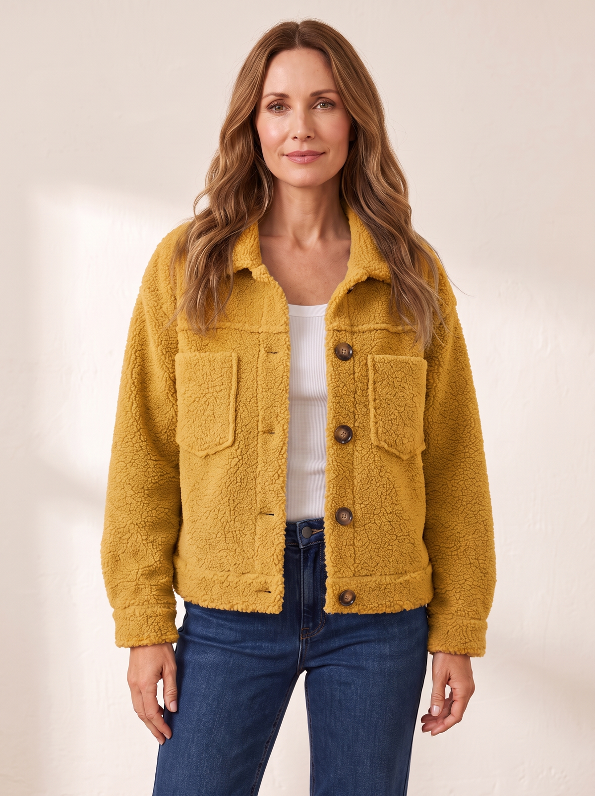 Mireille | Veste Sherpa Douce à Boutons - Moutarde