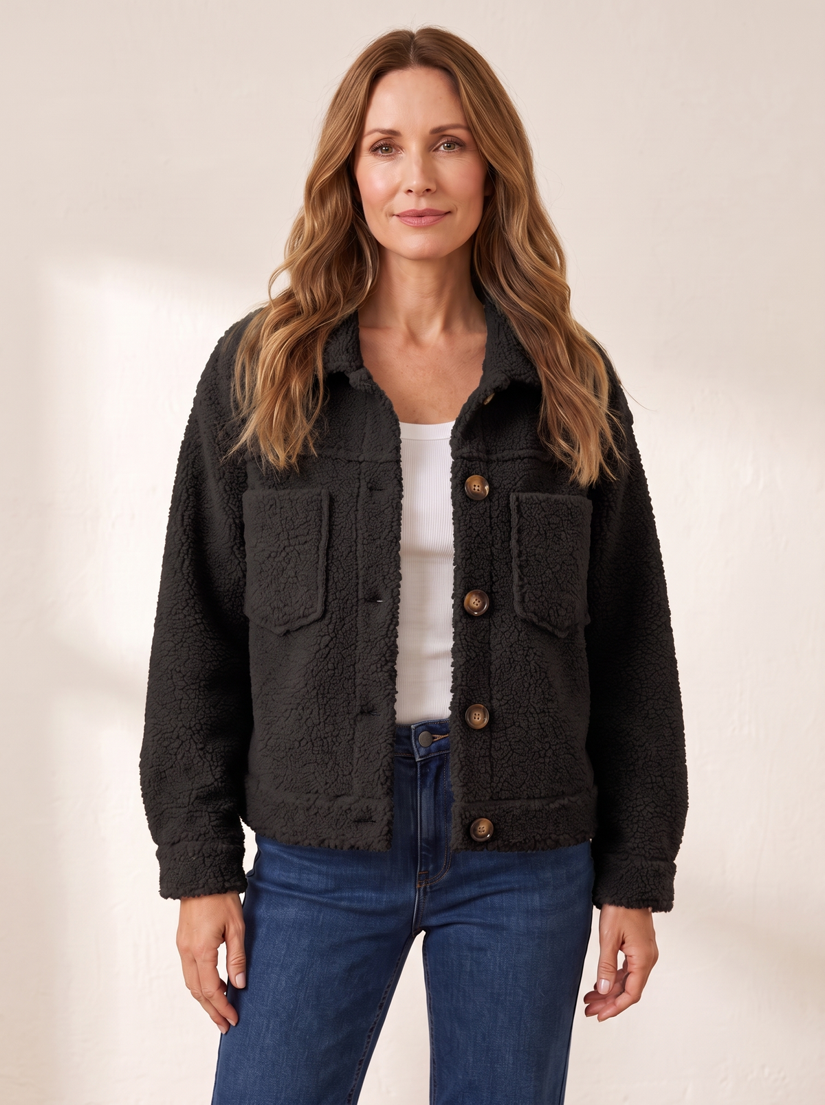 Mireille | Veste Sherpa Douce à Boutons - Noir