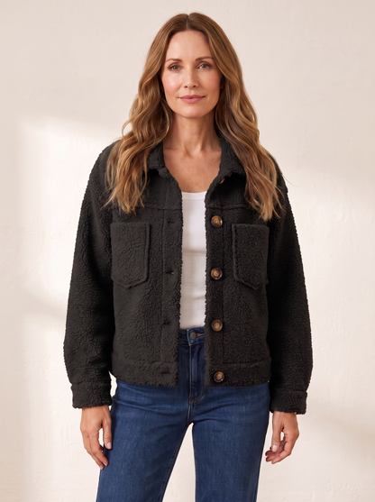 Mireille | Veste Sherpa Douce à Boutons - Noir