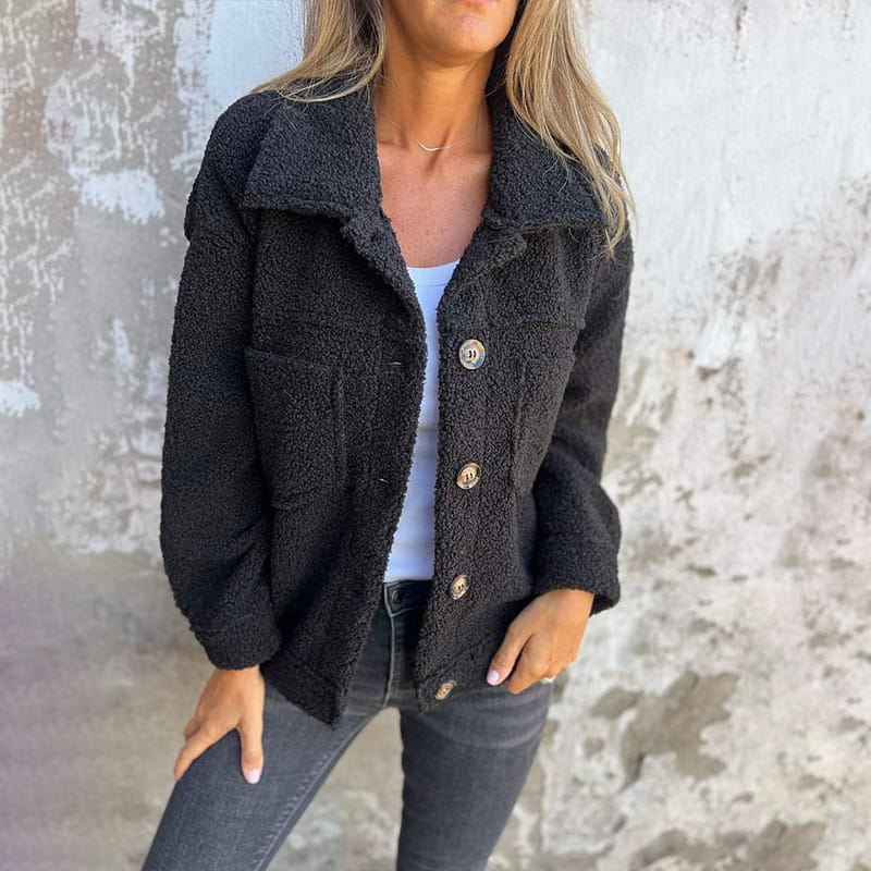 Mireille | Veste Sherpa Douce à Boutons - Noir