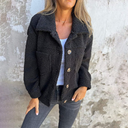 Mireille | Veste Sherpa Douce à Boutons - Noir