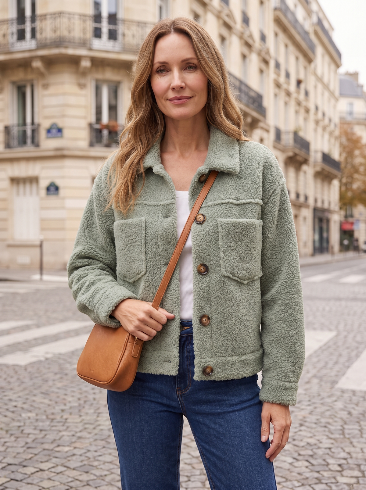 Mireille | Veste Sherpa Douce à Boutons - Vert sauge