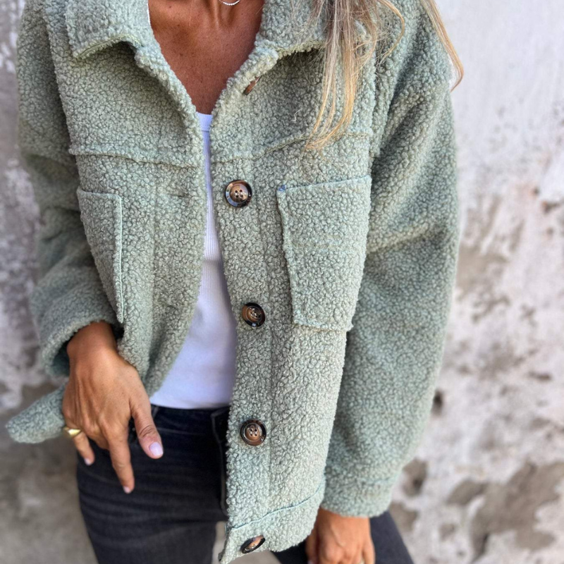 Mireille | Veste Sherpa Douce à Boutons - Vert sauge