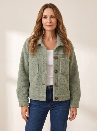 Mireille | Veste Sherpa Douce à Boutons - Vert sauge