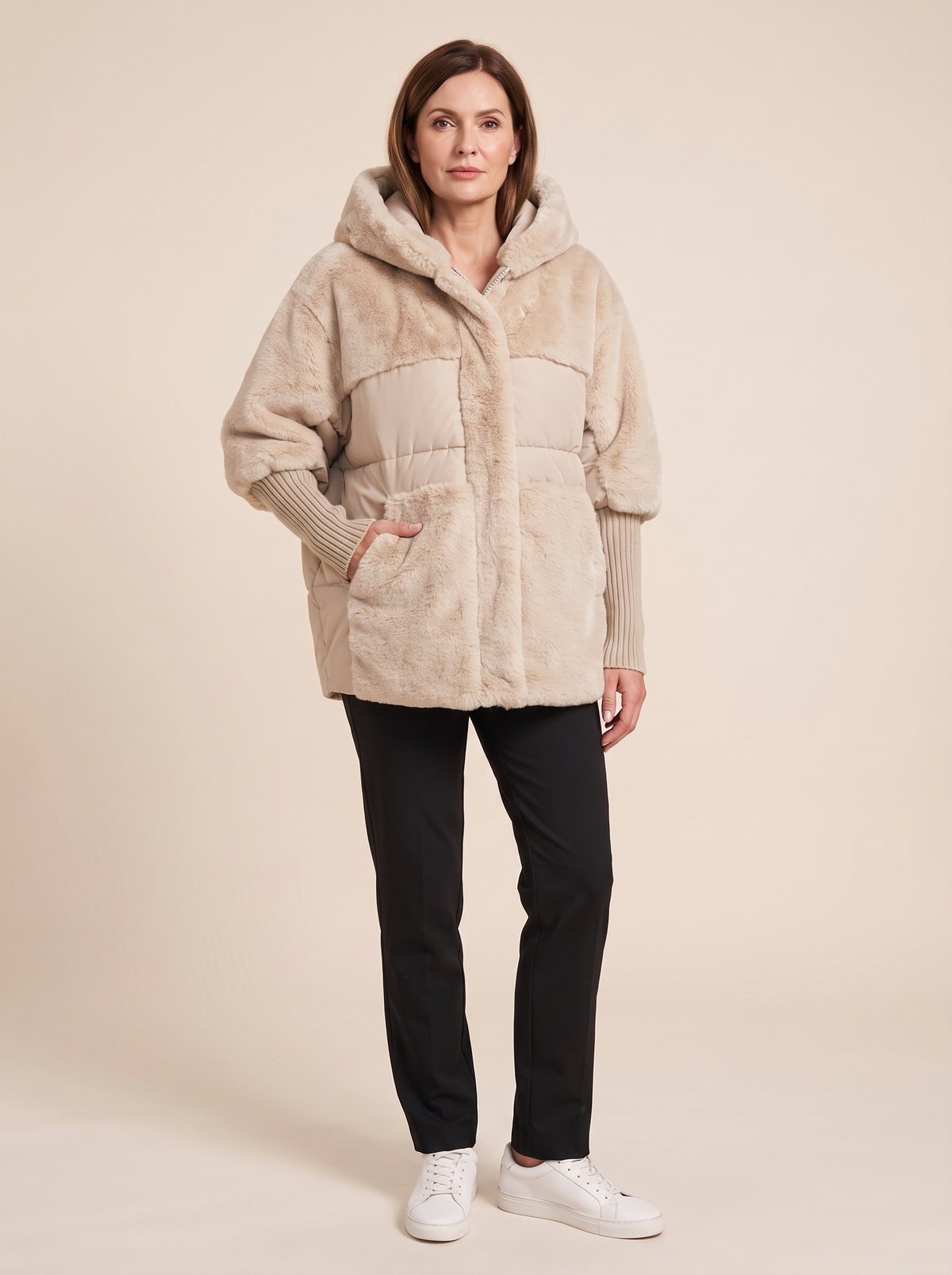 Ombeline | Manteau Patchwork à Capuche en Fausse Fourrure - Beige