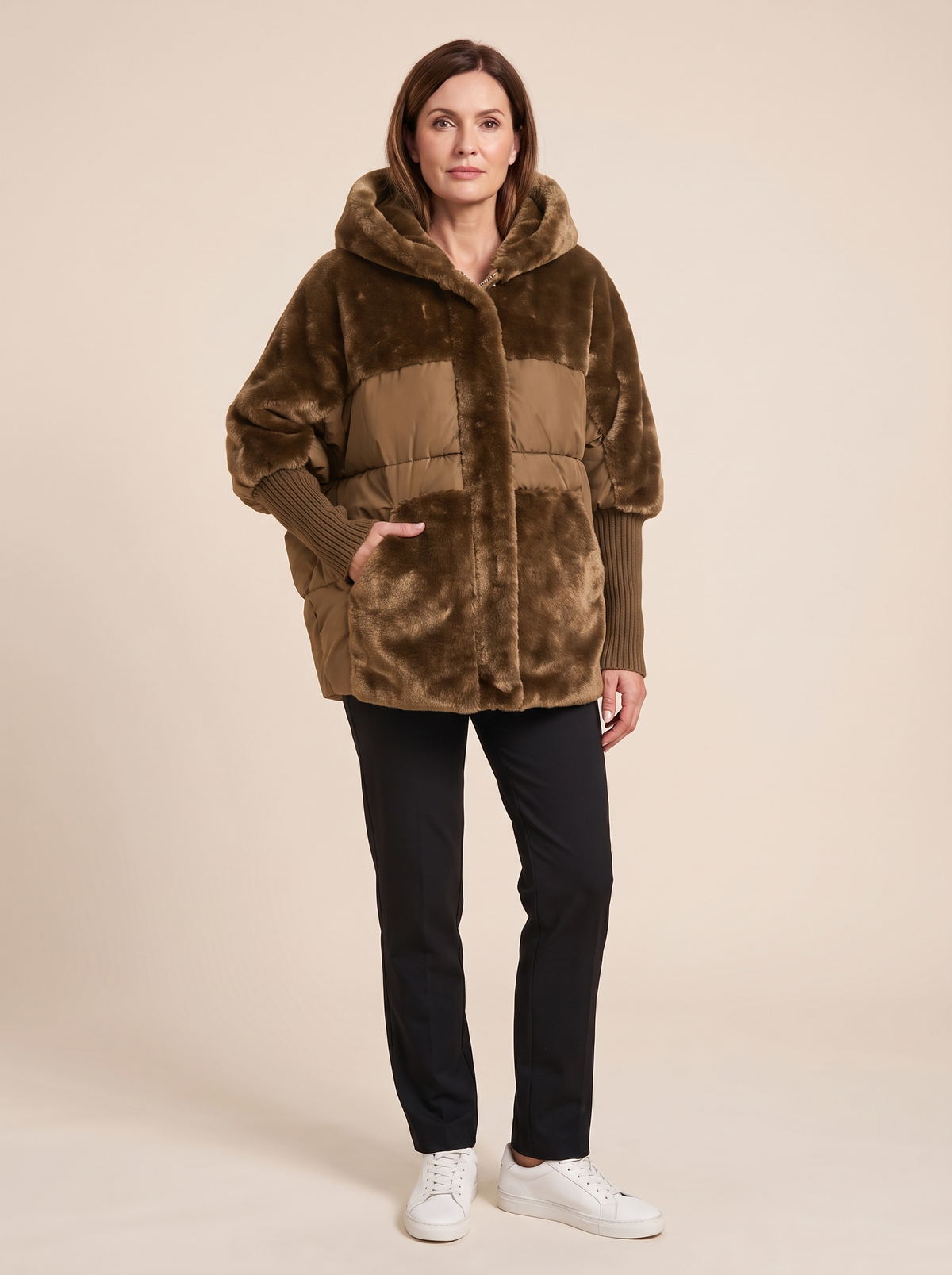 Ombeline | Manteau Patchwork à Capuche en Fausse Fourrure - Camel