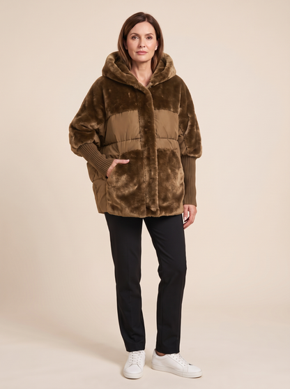 Ombeline | Manteau Patchwork à Capuche en Fausse Fourrure - Camel