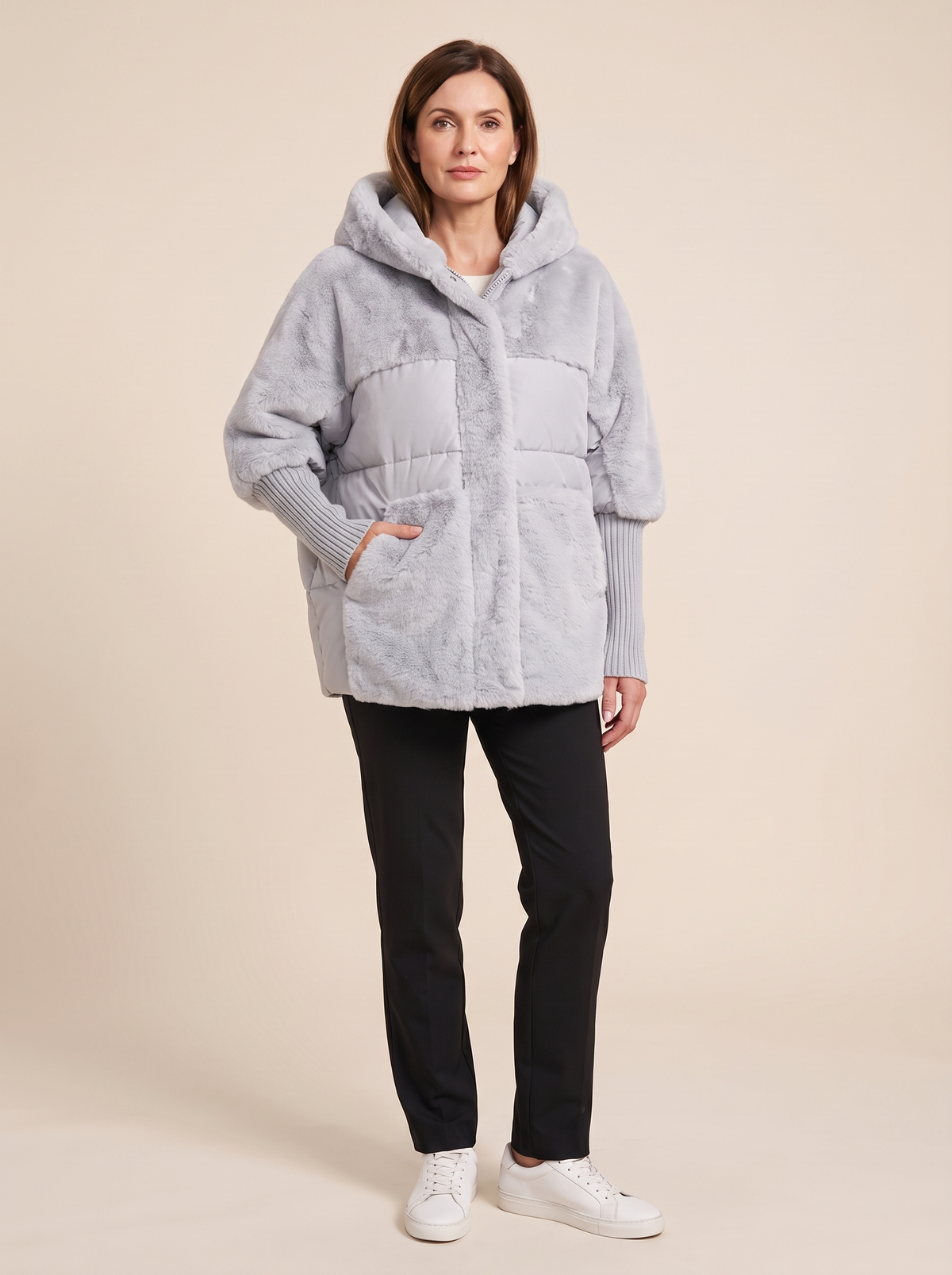 Ombeline | Manteau Patchwork à Capuche en Fausse Fourrure - Gris