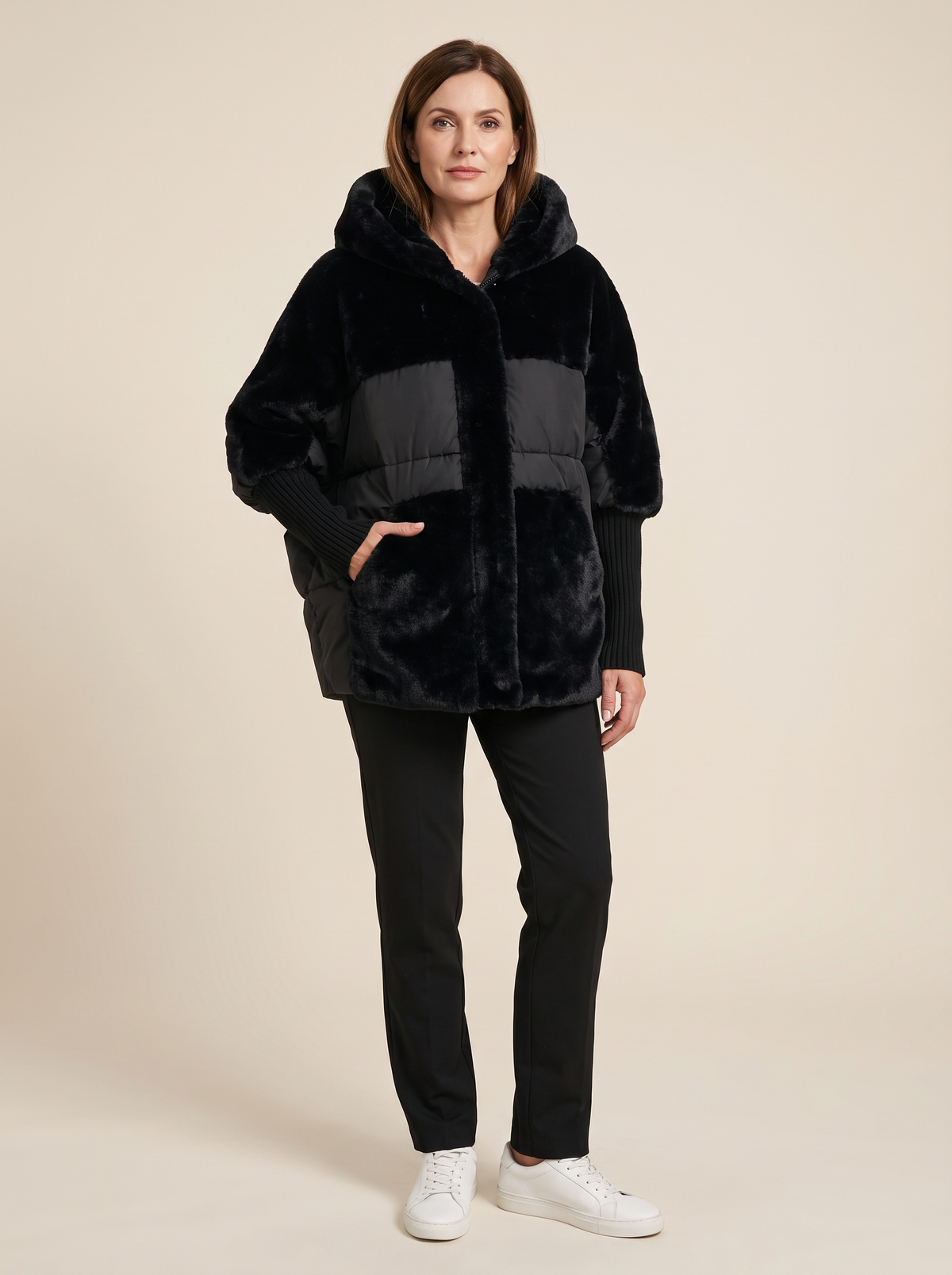 Ombeline | Manteau Patchwork à Capuche en Fausse Fourrure - Noir