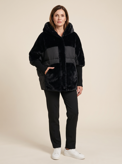 Ombeline | Manteau Patchwork à Capuche en Fausse Fourrure - Noir