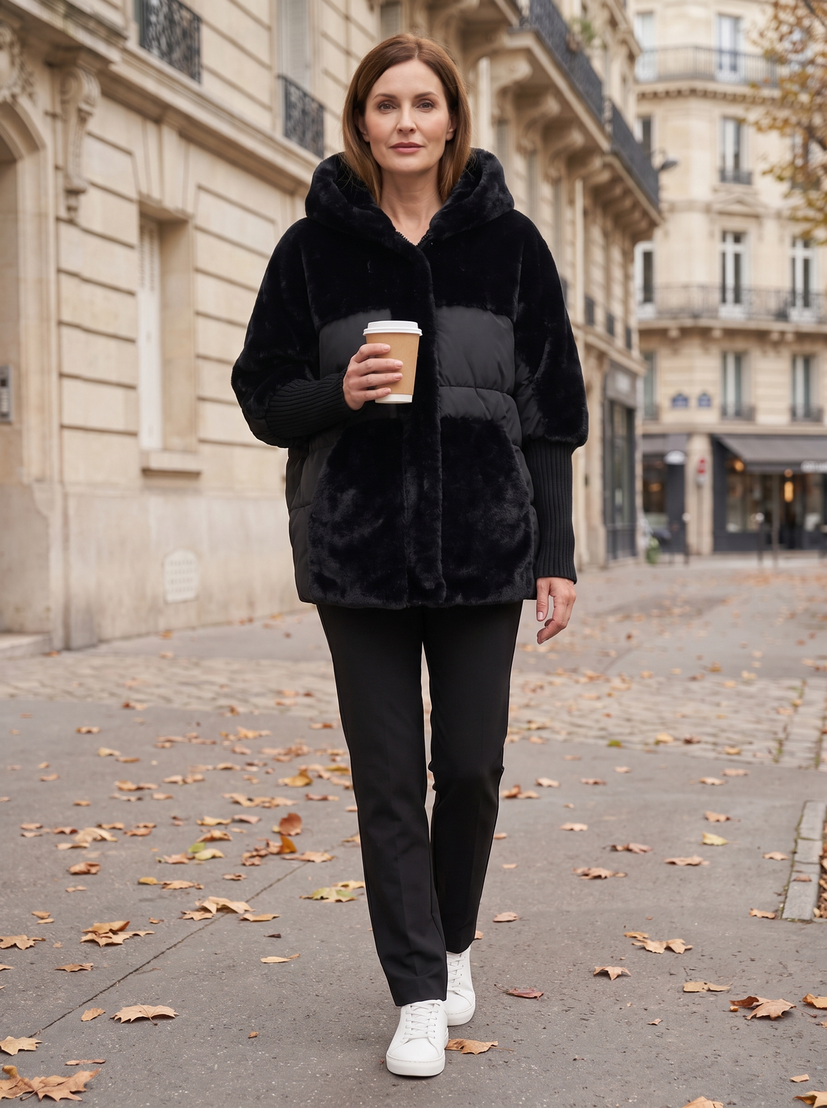 Ombeline | Manteau Patchwork à Capuche en Fausse Fourrure - Noir, à Paris