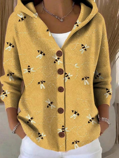 Ondine | Gilet en Maille Imprimé à Capuche - Abeilles
