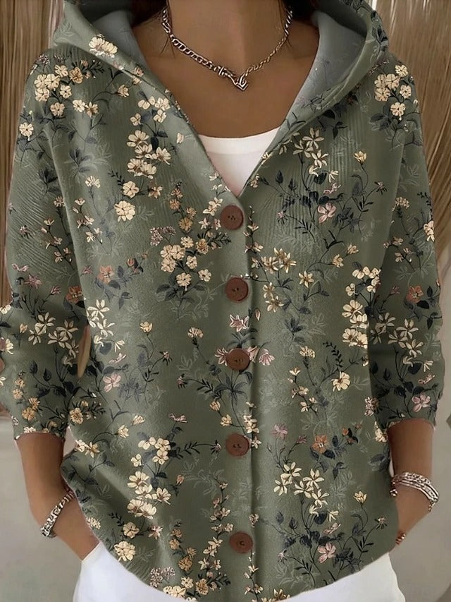 Ondine | Gilet en Maille Imprimé à Capuche - Fleuri vert