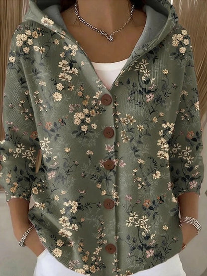 Ondine | Gilet en Maille Imprimé à Capuche - Fleuri vert