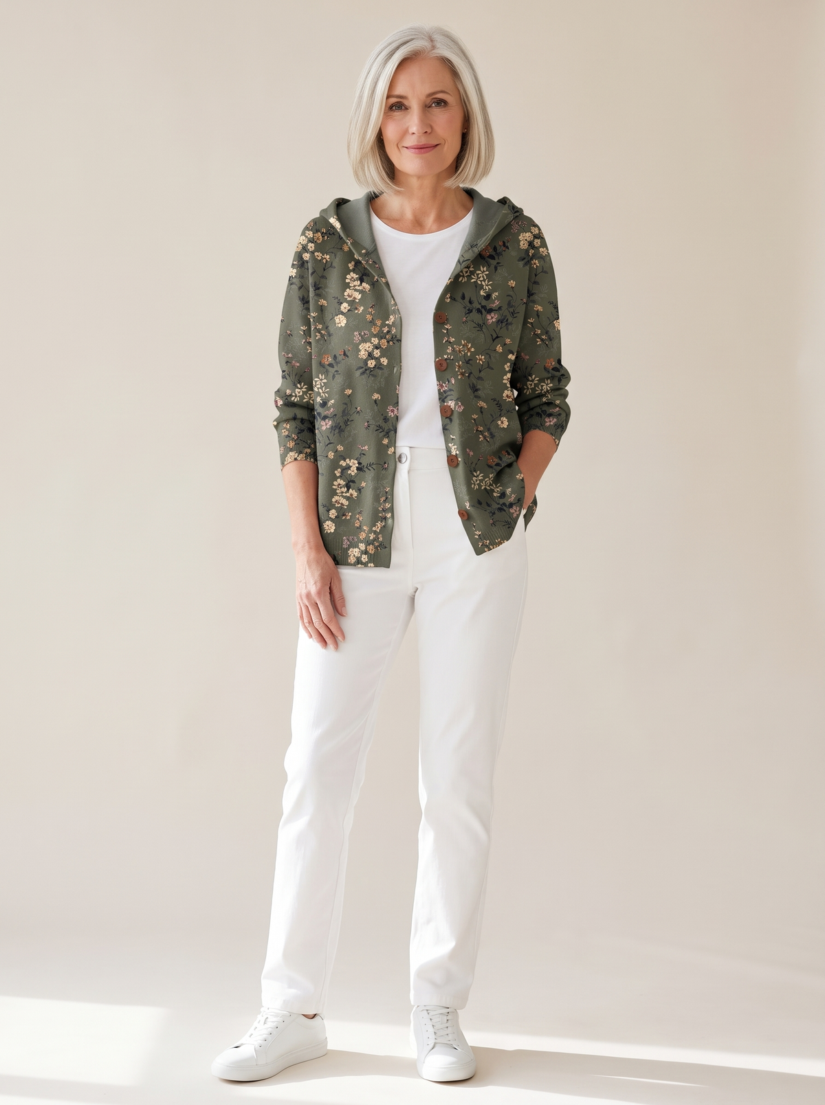 Ondine | Gilet en Maille Imprimé à Capuche - Fleuri vert