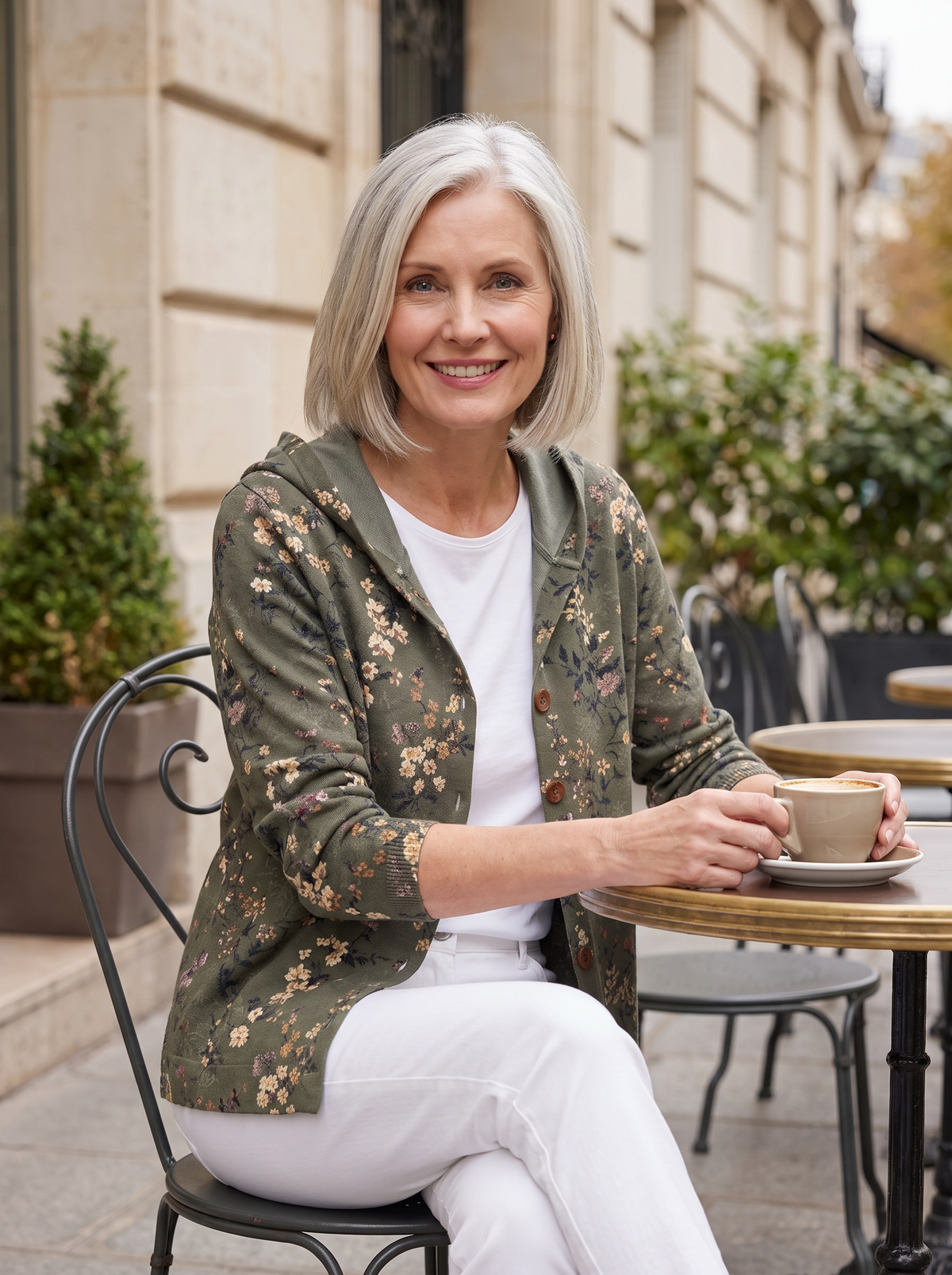 Ondine | Gilet en Maille Imprimé à Capuche - Fleuri vert