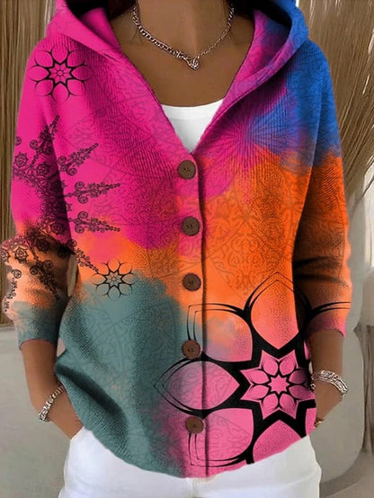 Ondine | Gilet en Maille Imprimé à Capuche - Mandala
