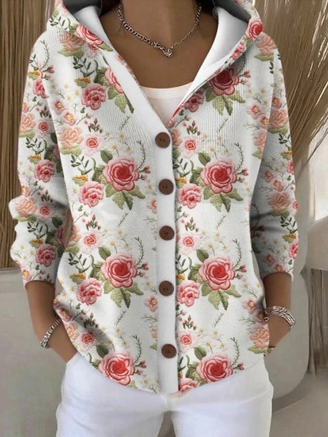 Ondine | Gilet en Maille Imprimé à Capuche - Roses