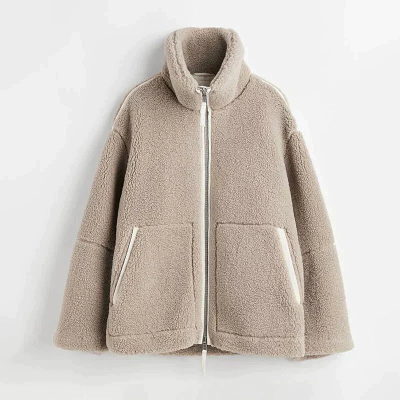 Ophélie | Veste Teddy Oversize à Col Montant - Beige