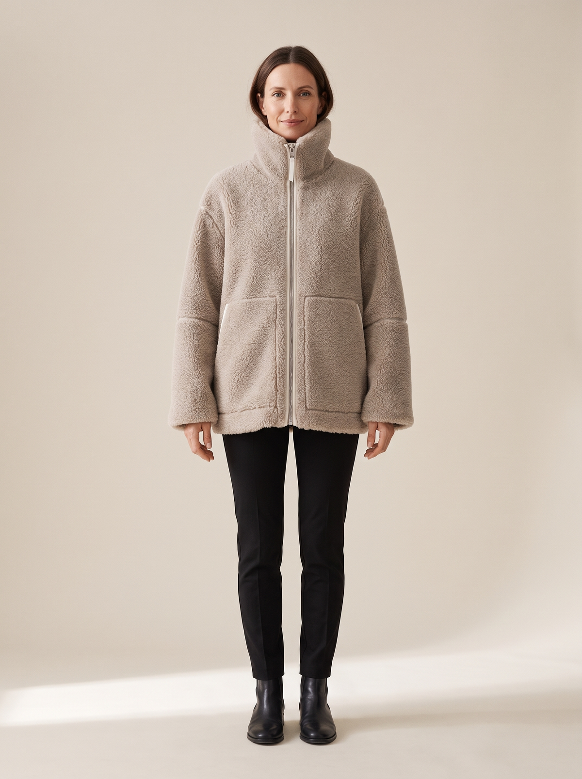 Ophélie | Veste Teddy Oversize à Col Montant - Beige
