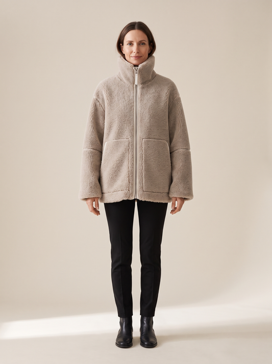 Ophélie | Veste Teddy Oversize à Col Montant - Beige