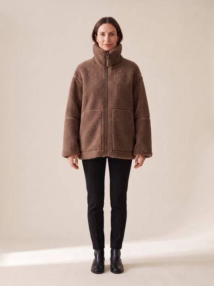 Ophélie | Veste Teddy Oversize à Col Montant - Marron
