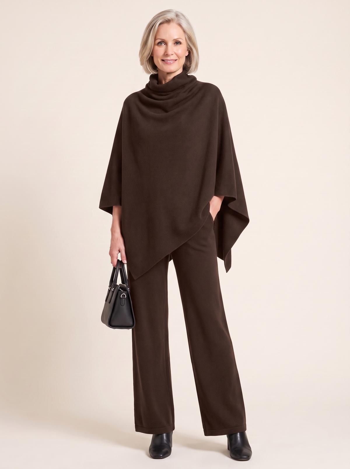 Pénélope | Ensemble Cape à Col Roulé et Pantalon Large - Chocolat