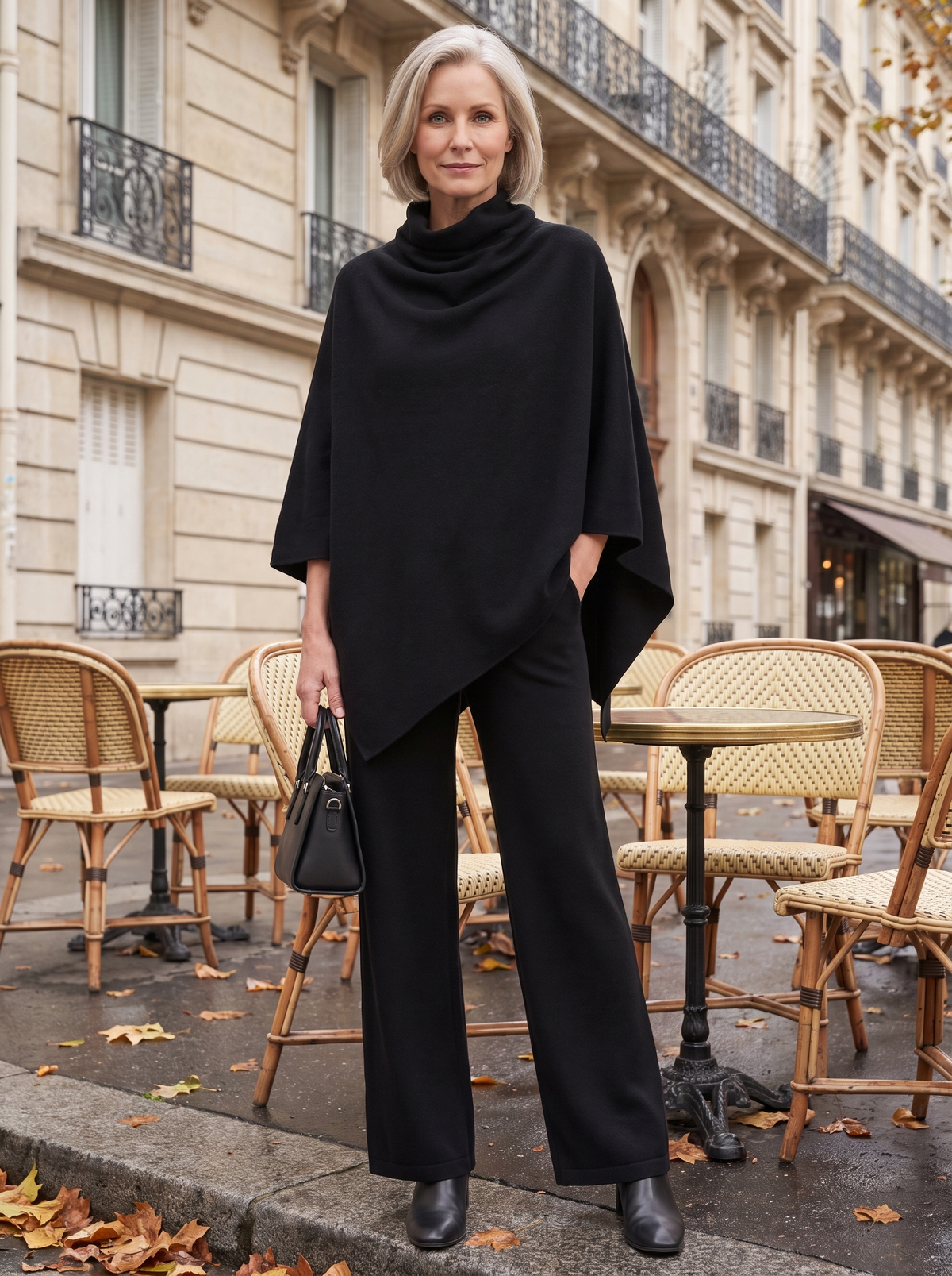 Pénélope | Ensemble Cape à Col Roulé et Pantalon Large - Noir, à Paris