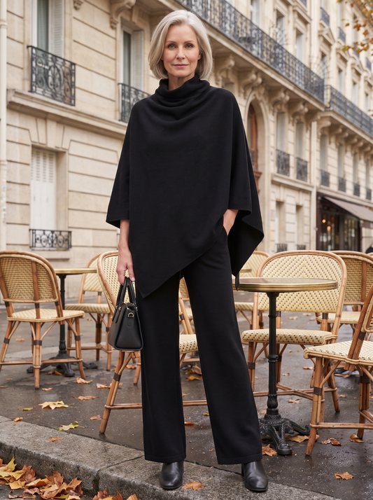 Pénélope | Ensemble Cape à Col Roulé et Pantalon Large - Noir, à Paris