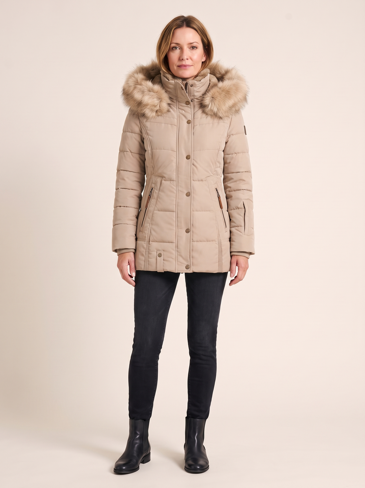 Séverine | Parka Matelassée à Capuche Bordée de Fausse Fourrure - Beige