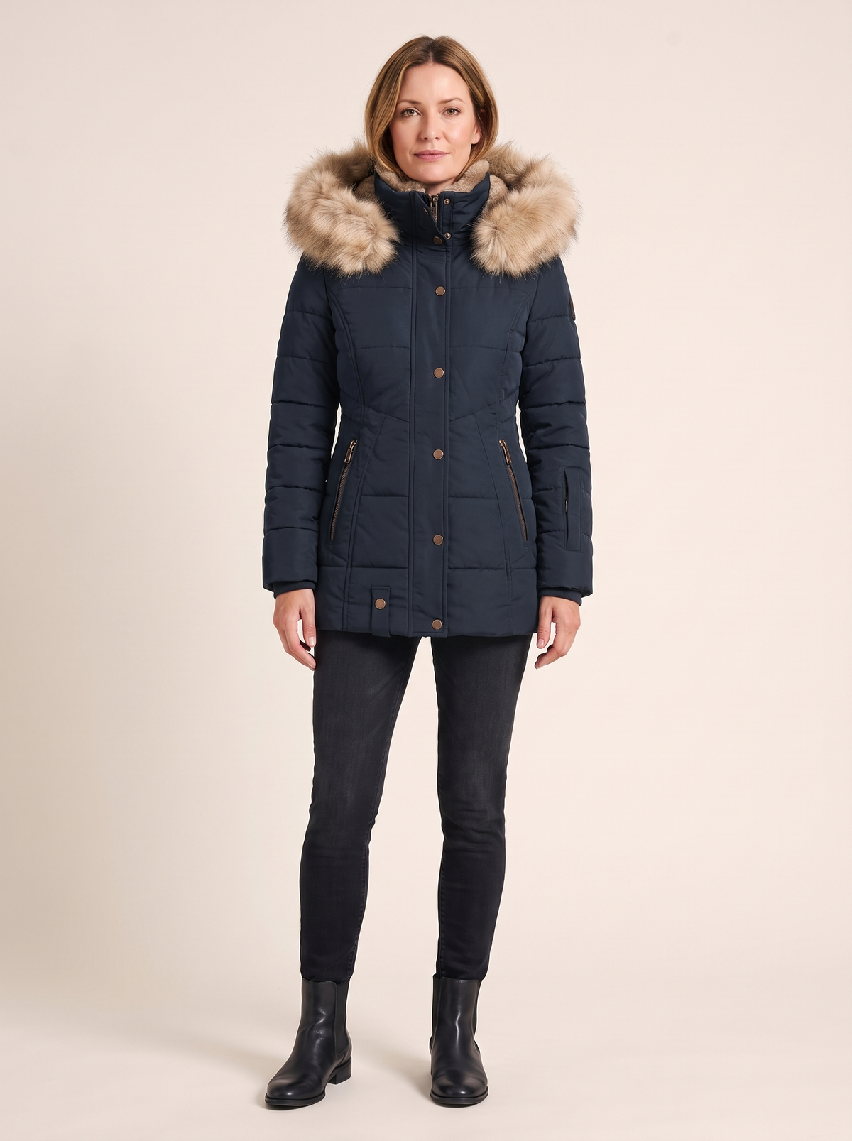 Séverine | Parka Matelassée à Capuche Bordée de Fausse Fourrure - Bleu marine
