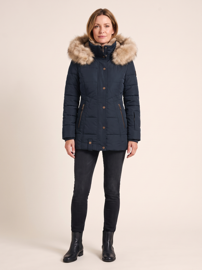 Séverine | Parka Matelassée à Capuche Bordée de Fausse Fourrure - Bleu marine